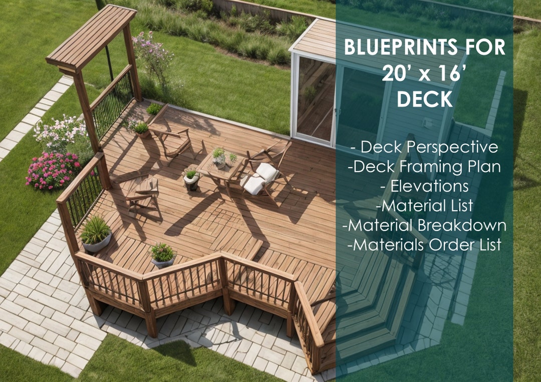 Complete 20'x16' Deck Blueprint Package Framing Plan, Perspective