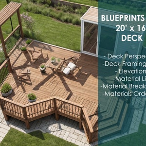 Complete 20&#39;x16&#39; Deck Blueprint Package: Framing Plan, Perspective, Elevation, Materials List & Construction Guide