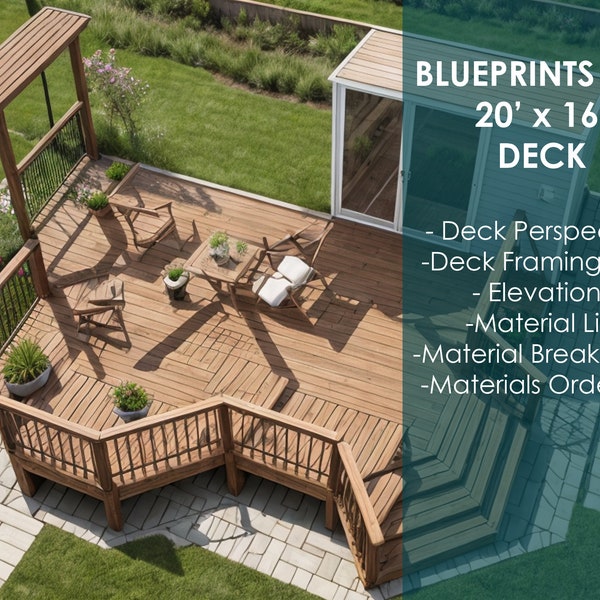 Complete 20'x16' Deck Blueprint Package: Framing Plan, Perspective, Elevation, Materials List & Construction Guide