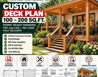Custom Deck Plan 100–200 sq.ft, Permit Ready Drawing, PDF and CAD, IRC Code, Fast Delivery