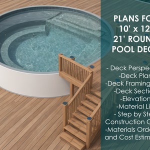 Plans Premium pour terrasse de piscine hors sol (10 x 12) | Plan de terrasse de piscine ronde de 21 pi avec guide étape par étape, liste des matériaux et estimation des coûts