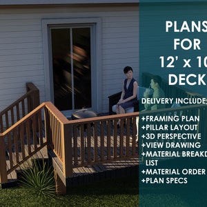 Deck Plans / Drawing Set - 12*10 Deck Drawings / Deck Blueprints / DIY Woodworking Plans (with deck construction guide)