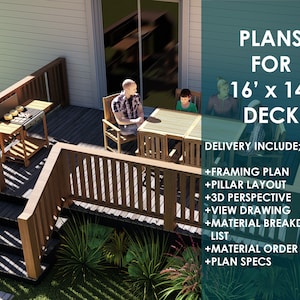 Deck Plans / Drawing Set - 16&#39;x14 Deck Drawings / Deck Blueprints / DIY Woodworking Plans (with deck construction guide)