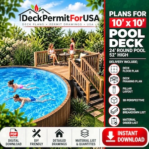 Planos para terraza de piscina elevada (10x10) Piscina redonda de 24 pies de diámetro y 52 pulgadas de alto.