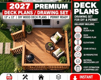 Deck Plans / Drawing Set - 12*12 Deck Drawings / Deck Blueprints / DIY Woodworking Plans (with deck construction guide)
