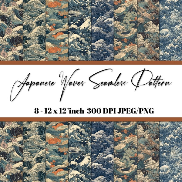 Japanese Waves | Digital Pattern | Seamless Pattern | Scrapbook Papers | Backgrounds | Japanese fabric | For Print (8 Pack)