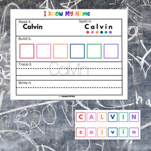 Puede incluir: Una hoja de trabajo imprimible para niños para aprender a deletrear el nombre Calvin. La hoja de trabajo incluye actividades como leer, construir, trazar y escribir el nombre. El nombre está deletreado en letras de colores en la parte inferior de la página.
