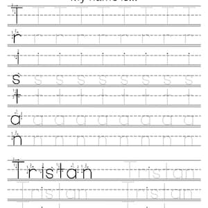 Può includere: Un foglio di esercizi di tracciamento del nome bianco con il nome "Tristan" stampato in lettere tratteggiate per il tracciamento. Il foglio include il testo "My name is..." e un'illustrazione a matita.