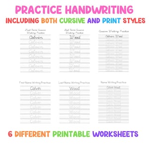 Può includere: Sei fogli di lavoro stampabili per esercitarsi nella scrittura. I fogli di lavoro includono sia lo stile corsivo che quello stampato. I nomi "Calvin" e "Wood" sono usati come esempi.