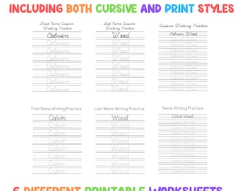 Puede incluir: Seis hojas de trabajo imprimibles para practicar la escritura. Las hojas de trabajo incluyen estilos de escritura cursiva y de imprenta. Los nombres "Calvin" y "Wood" se utilizan como ejemplos.
