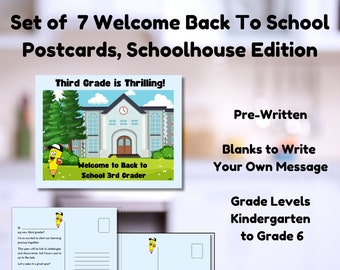 Set of 7 Welcome Back to School Postcards, Kindergarten to 6th Grade, Teacher Greetings, Student Motivation, Encouraging Notes