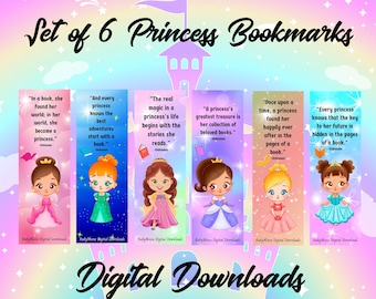 Set of 6 Princess Bookmarks, Princess Bookmarks, Digital Bookmarks to Download