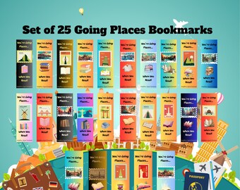 Set of 25 Going Places Bookmarks, Reading Takes You Places, Digital Bookmarks
