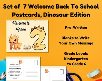 Lot de 7 cartes postales de bienvenue, édition dinosaure, cartes postales imprimables, de la maternelle à la 6e année