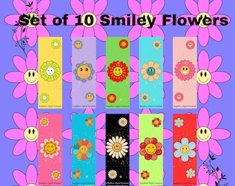 Set of 10 Smiley Flowers Boomarks, Smiley Flower Bookmarks, Bookmarks to Download