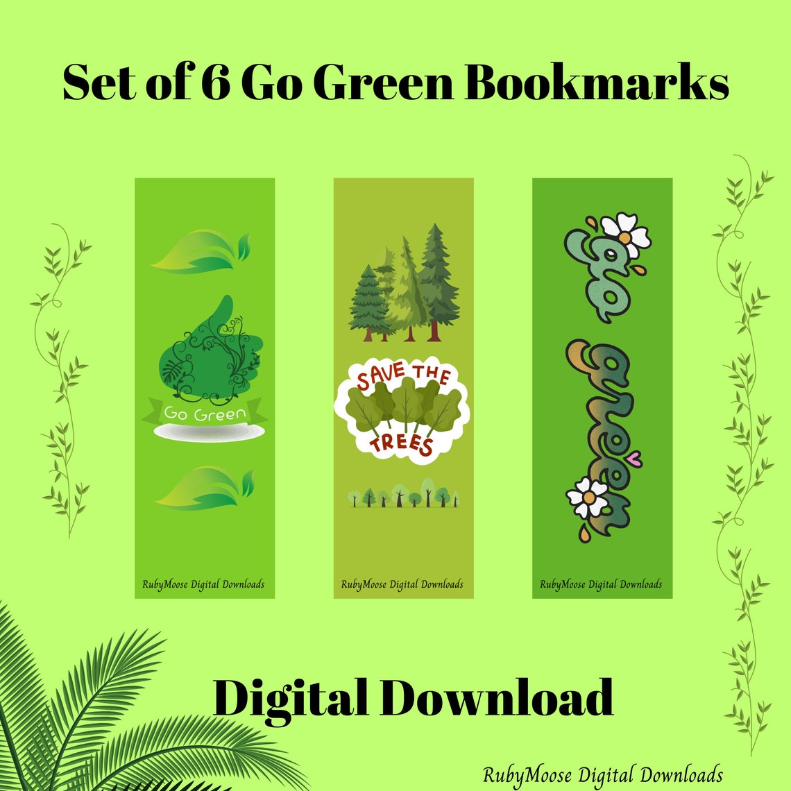 Set of 6 Go Green Bookmarks, Go Green Bookmarks, Digital Bookmarks to ...