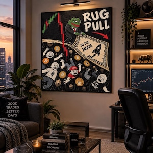 May include: A rectangular wall art print featuring a cartoon frog in a suit pulling a rug labeled TO THE MOON, with a red downward stock chart, falling figures, and cryptocurrency symbols including Bitcoin, Ethereum, and Dogecoin icons.