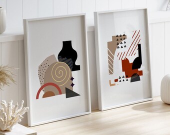 Boho Prints Set of 2, PRINTABLE Abstract Shapes Wall Art, Mid Century Modern Wall Art, Boho Neutral Wall Art, Bedroom Wall Art, Digital Art