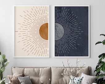 Sun and Moon Wall Art Set of 2, Day and Night Prints, Navy Blue Burnt Orange Wall Art, Mid Century Modern Wall Decor, Boho Wall Art, DIGITAL