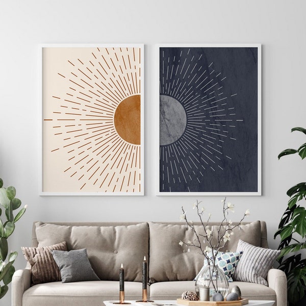 Sonne und Mond Wandkunst 2er Set, Tag und Nacht Drucke, Marine Blau Orange Wandkunst, Mid Century Modern Wandkunst, Boho Wandkunst, DIGITAL