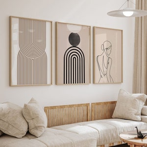 Geometriskt bågtryck set med 3, UTSKRIFTBARA kvinnliga linjekonsttryck, abstrakta tryck, modern konst från mitten av århundradet, bohemisk bågdekor, neutral modern väggkonst