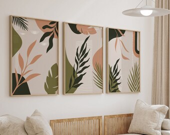 Boho botanische print set van 3, afdrukbare abstracte botanische print, tropische bladeren kunst, palmblad kunst aan de muur, moderne halverwege de eeuw, verbrand oranje
