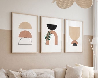 Boho Abstrakte Wand Kunst Druckt Set von 3, Mid Century Modern Print, Boho Abstrakte Blatt Kunst, Terrakotta Wandkunst, Geometrisch neutrale Wandkunst