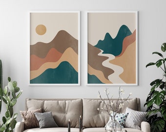 Terracotta Mountain Wall Art Print Set of 2, PRINTABLE Abstract Landscape Wall Art, Burnt Orange, Mid Century Modern Wall Art, Boho Prints