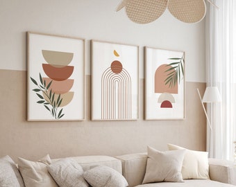 Boho Abstrakte Wand Kunst Druckt Set von 3, Mid Century Modern Print, Boho Abstrakte Blatt Kunst, Terrakotta Wandkunst, Geometrisch neutrale Wandkunst