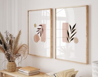 Boho Botanical Print Set of 2, Minimal Botanical Print, Leaf Wall Art, Terracotta Wall Art, Boho Wall Art, Mid Century Modern, Abstract Art