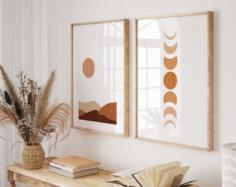 Sun and Moon Print Set of 2, Terracotta Mountain Wall Art, Abstract Burnt Orange Prints, Mid Century Modern Wall Decor, Boho Prints, Digital