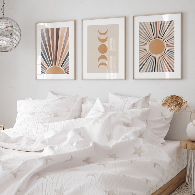 Sun and Moon Wall Art Set of 3, Sunburst Print Set, Terracotta Burnt ...