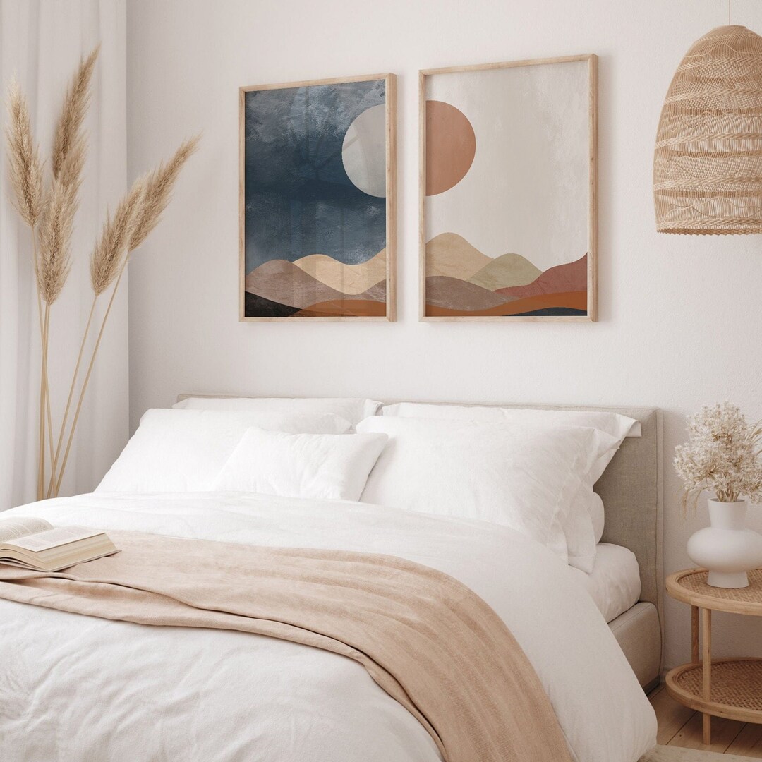 Sun and Moon Wall Art Set of 2, Day and Night Prints, Navy Blue Burnt ...