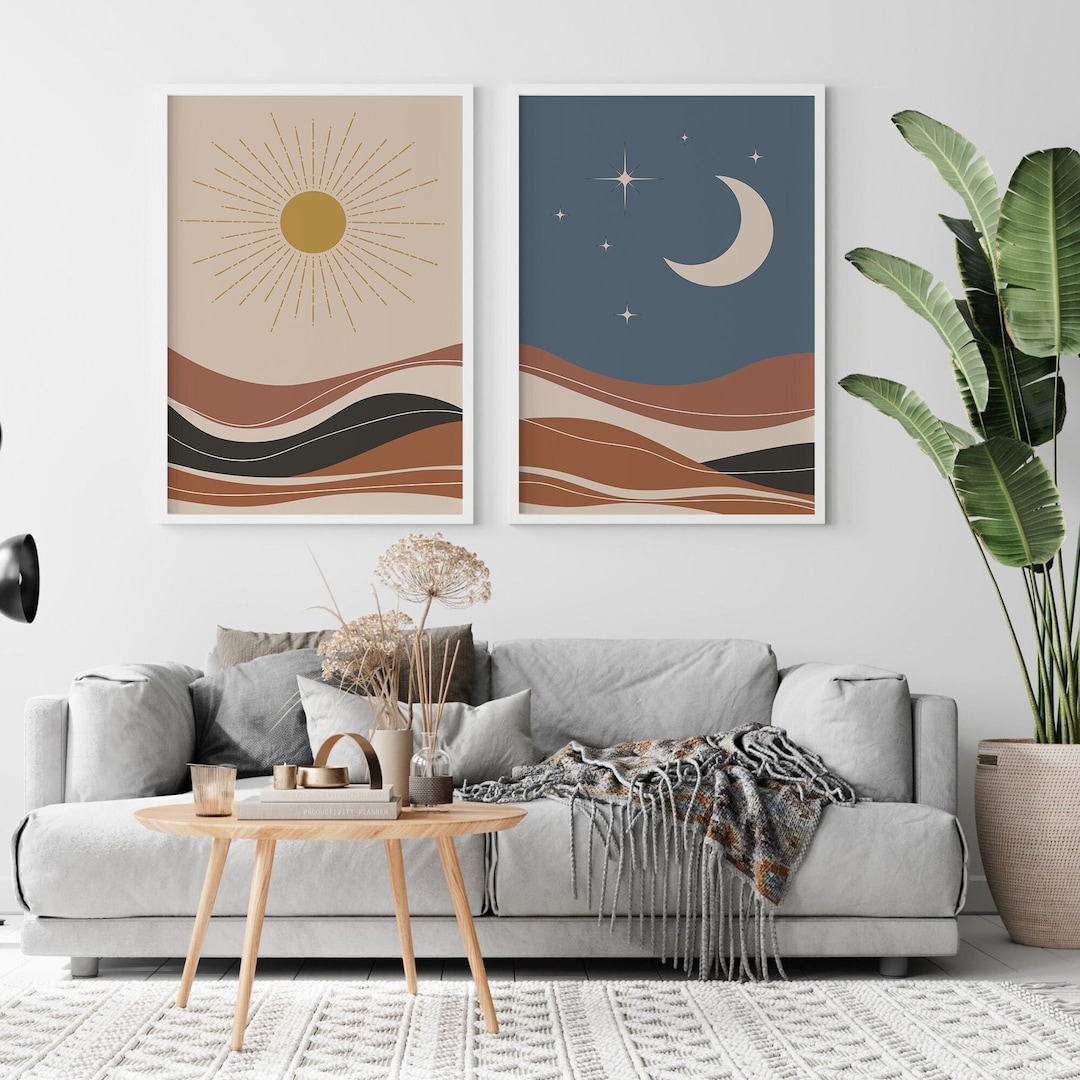 Sun and Moon Wall Art Set of 2, Day and Night Prints, Navy Blue Burnt ...