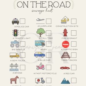May include: A printable scavenger hunt game for kids with illustrations of various road-related objects, such as a police car, airplane, construction site, traffic light, tall tree, fire hydrant, big wheels, RV, traffic sign, semi truck, blue car, train tracks, bridge, fast motorcycle, red car, animals, ambulance, and a big mountain. The game instructs players to find each item on the list.