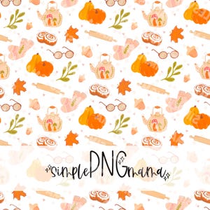 May include: A repeating pattern with autumnal illustrations. The design includes pumpkins, pears, teapots, leaves, eyeglasses, socks, rolling pins, and cinnamon rolls in orange, beige, and green on a white background. The text "simplePNGmama" is also present.