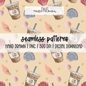 May include: A seamless pattern design featuring iced coffee cups, seashells, and sand dollars on a beige background. The design includes the text "seamless patterns" and "HAND DRAWN | PNG | 300 DPI | DIGITAL DOWNLOAD".