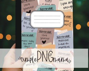Printable Composition Notebook PNG Sticky note Reminders custom notebook mental health pattern cute junk journal sticker paper