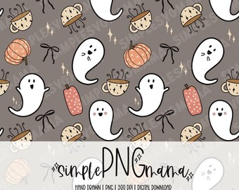 Naadloos koffiespookpatroon, png | Halloween-patroon Halloween-png Halloween digitaal papier koffieliefhebberpatroon voor sublimatie