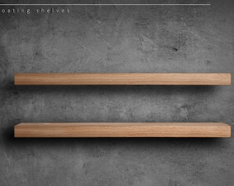 Set of 2 solid oak floating shelves custom size color, wooden wall shelf for plant book bathroom kitchen entrance small long black white
