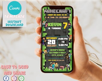 Minecrafter Mobile Birthday Invitation | Mine Kids Birthday Invite | Mine Template Invitation |  Editable in Canva Invite Instant Download