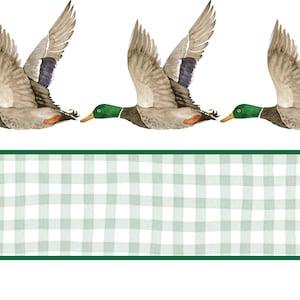 May include: Watercolor illustration of three flying ducks with outstretched wings. The ducks have green heads, brown bodies, and gray wings with blue accents. Below the ducks is a green and white checkered rectangle.