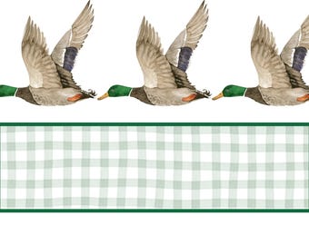 Flying Mallard Ducks with Green Gingham Background – PNG File | Watercolor Duck Clipart | Hunting Dog Shirt Design | Rustic Farmhouse