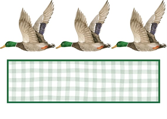 Flying Mallard Ducks with Green Gingham Background – PNG File | Watercolor Duck Clipart | Hunting Dog Shirt Design | Rustic Farmhouse