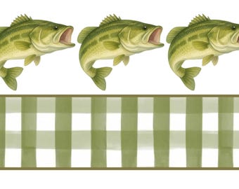 Watercolor Bass Fishing PNG, Green Gingham Fish Shirt Design, Southern Fishing Clipart, Lake Life Sublimation Design, Instant Download