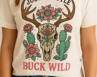 Buck Wild Skull PNG: Deer, Cactus Design (Digital Download)