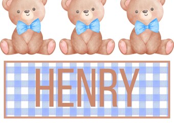 Boy Teddy Bear Name PNG, Blue Bow Bear Clipart, Custom Name Design, Baby Boy Shirt PNG, Watercolor Bear, Sublimation File