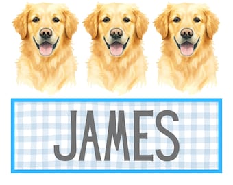 Golden Retriever Trio with Blue Gingham Background – PNG File | Watercolor Dog Clipart | Sublimation Design | Cute Puppy Digital Download