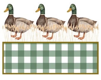 Farmhouse Mallard Duck PNG • Rustic Green Gingham Label • Watercolor Sublimation Design