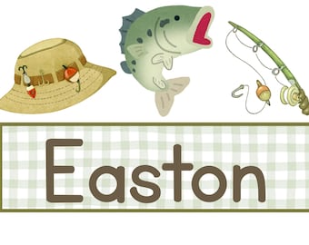 Watercolor Fishing PNG • Fisherman Hat Fish Rod Clipart • Green Gingham Name Plate • Kids Fishing Shirt Sublimation • Boys Outdoors PNG